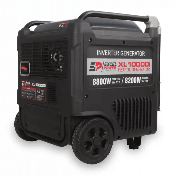 Angled view of Excel Power XL10000i petrol generator showing branded panel and venting system on a white background.
