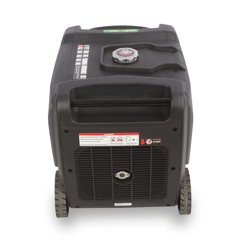 Rear view of Excel Power XL6000i inverter generator on a white background with ventilation grille and top fuel cap.