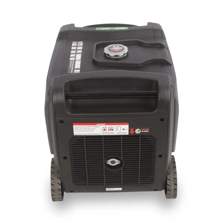 Rear view of Excel Power XL6000i inverter generator on a white background with ventilation grille and top fuel cap.