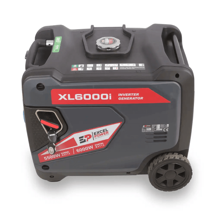 Left side view of Excel Power XL6000i inverter generator on a white background showing handle, label, and vent.