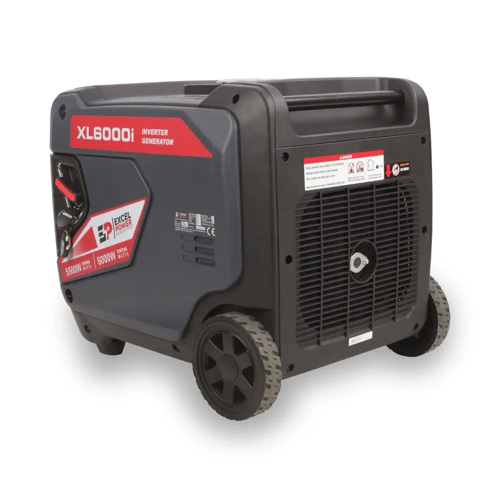 Rear left angled view of Excel Power XL6000i inverter generator on a white background, showing handle, vent, and wheels.