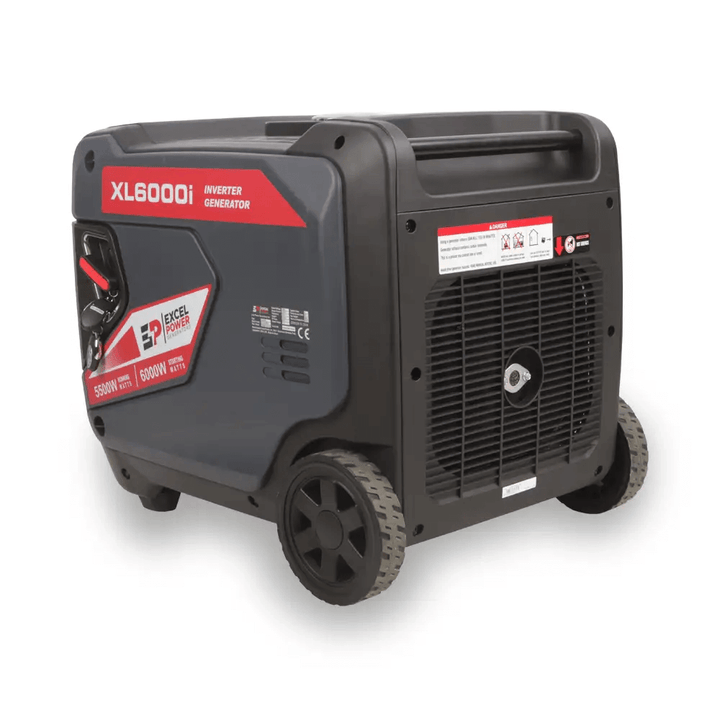 Rear left angled view of Excel Power XL6000i inverter generator on a white background, showing handle, vent, and wheels.