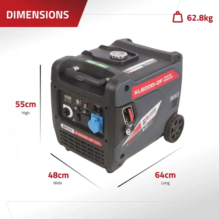 Dimensions of Excel Power XL6000i-DF generator showing height 55cm, width 48cm, and length 64cm on a white background.