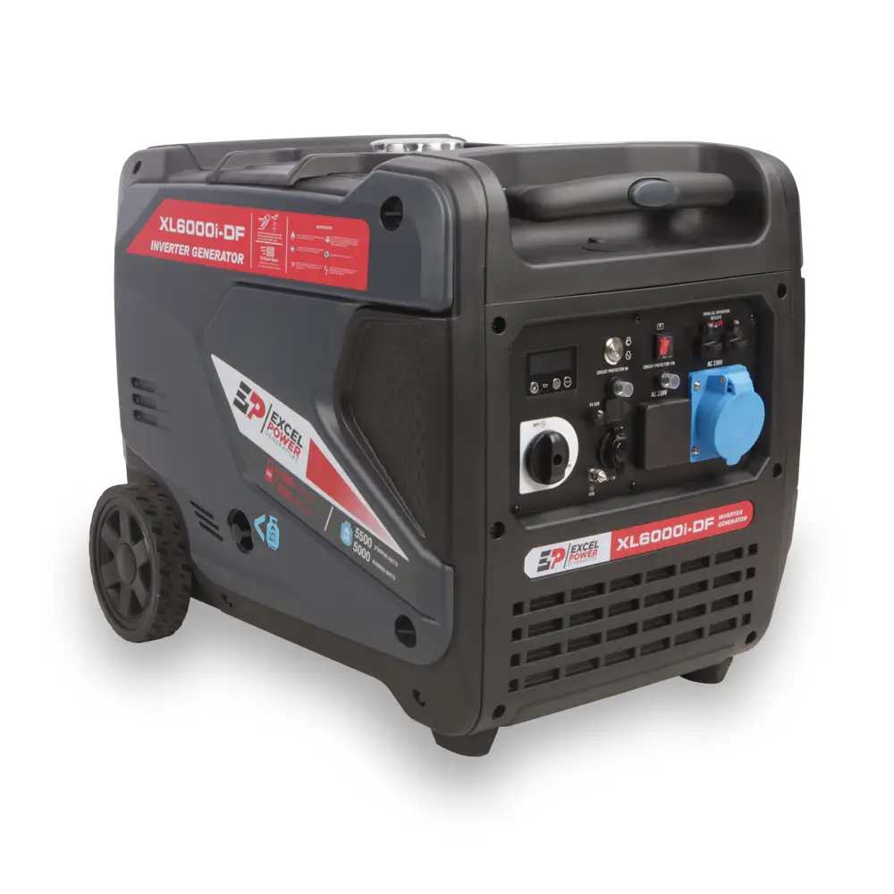 Excel Power XL6000i-DF generator angled view showing control panel and fuel tank on a white background.