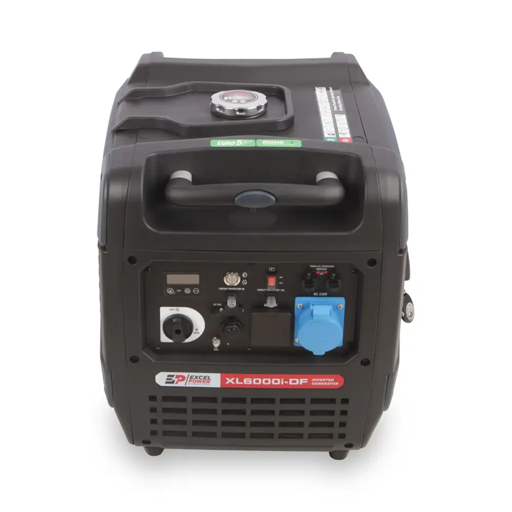 Top-down front view of Excel Power XL6000i-DF generator showing handle and control interface on a white background.