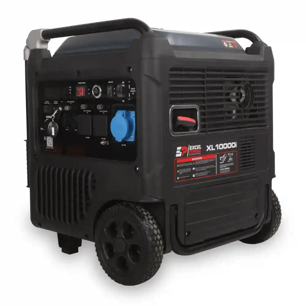 Excel Power XL10000i generator right front angled view with large wheels and visible control interface on a white background.