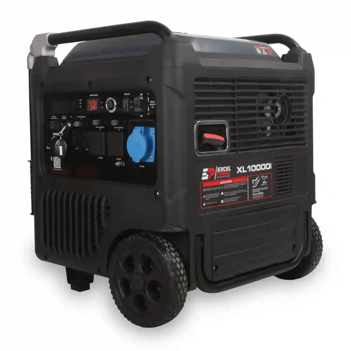 Excel Power XL10000i generator right front angled view with large wheels and visible control interface on a white background.