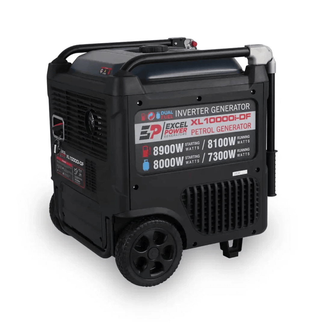 Angled rear view of Excel Power XL10000i-DF generator on a white background, displaying vent grille and technical specs.