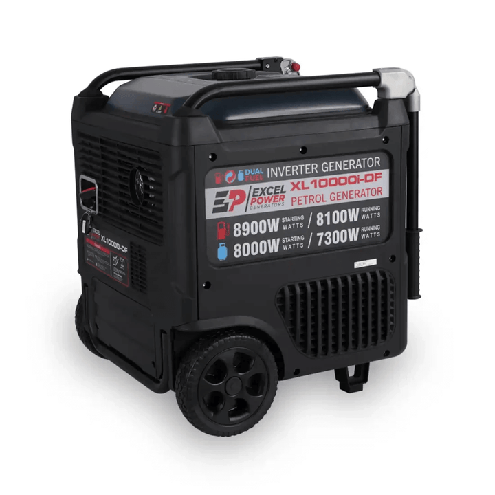 Angled rear view of Excel Power XL10000i-DF generator on a white background, displaying vent grille and technical specs.