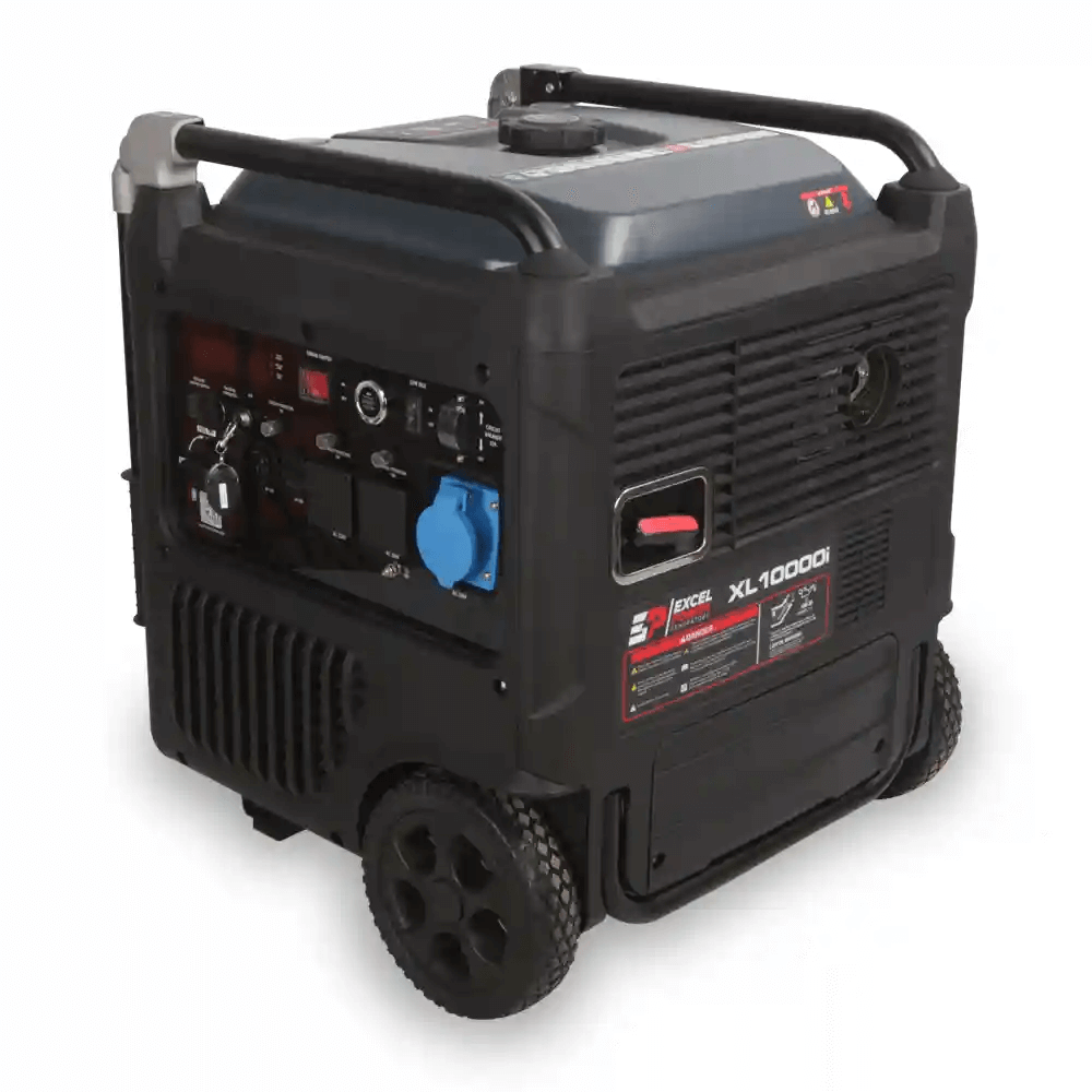 Excel Power XL10000i inverter generator front angled view showing control panel and red key on a white background.