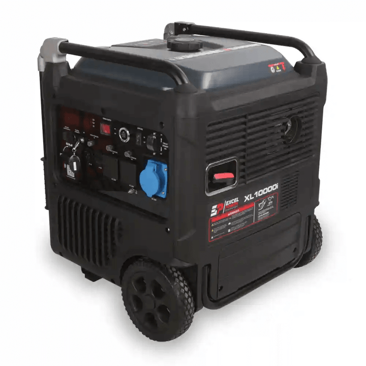 Excel Power XL10000i inverter generator front angled view showing control panel and red key on a white background.
