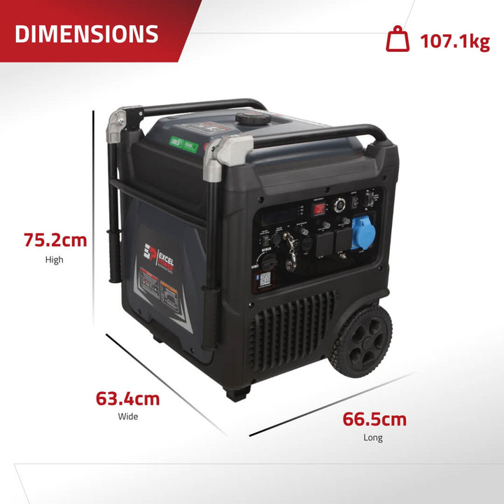 Excel Power XL10000i generator with labeled dimensions 75.2cm high, 66.5cm long, and 63.4cm wide on a white background.