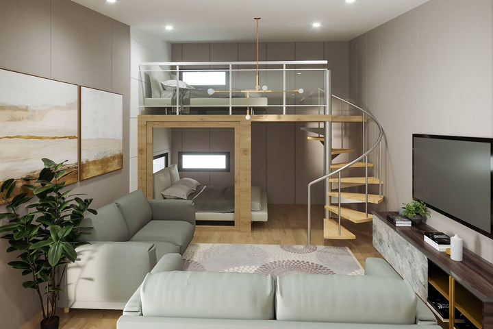 Modern tiny home interior with a loft bed, spiral staircase, and two grey sofas in a compact open-plan living space.