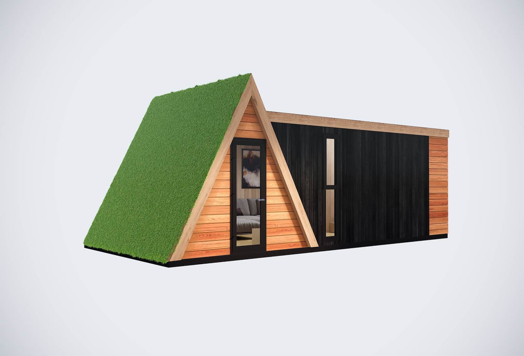 Hybrid glamping unit with a grass-covered A-frame and black wooden side, presented on a plain background..