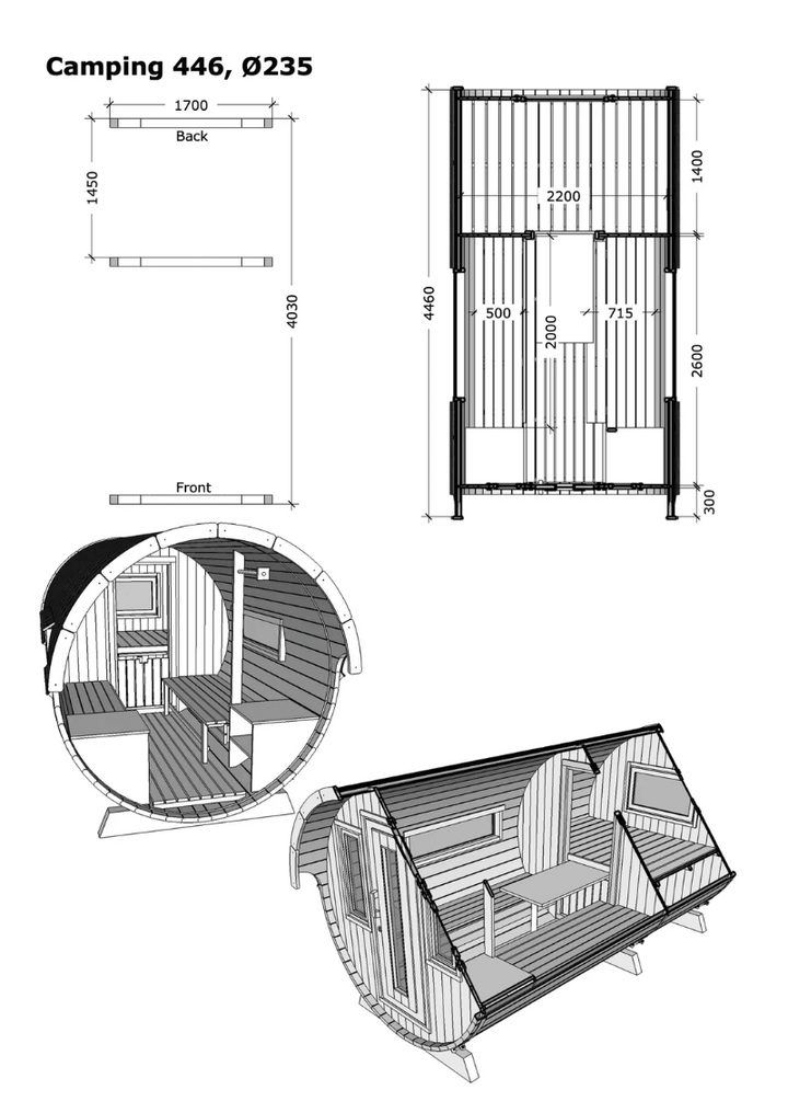Technical blueprint of the InMedias Camping Barrel Royal 446, showcasing cross-section diagrams and precise measurements of the cylindrical wooden cabin, on a white background.