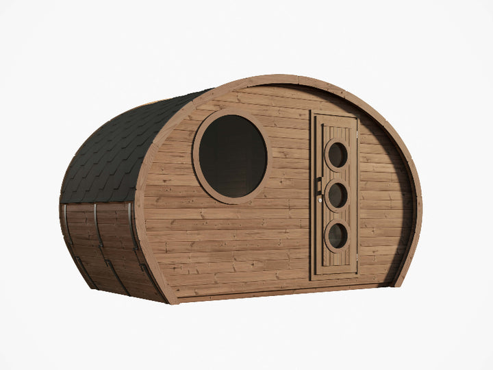 Front-left angled view of the InMedias Frodo Camping 195 pod showing its round window and door with three circular glass panes, on a white background.