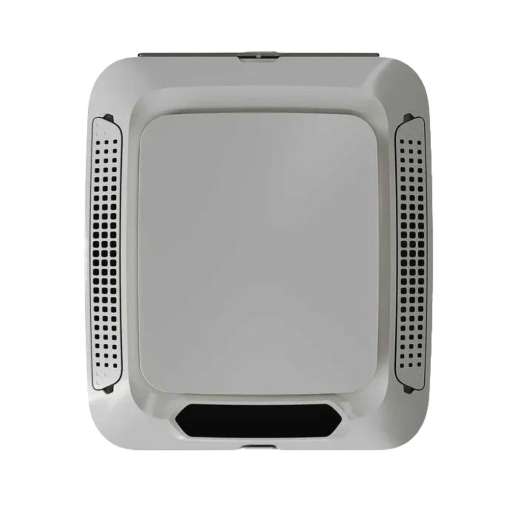 Indel B Elite Plein 12V Air Conditioner ceiling unit with modern white panel and side ventilation grilles on a white background.
