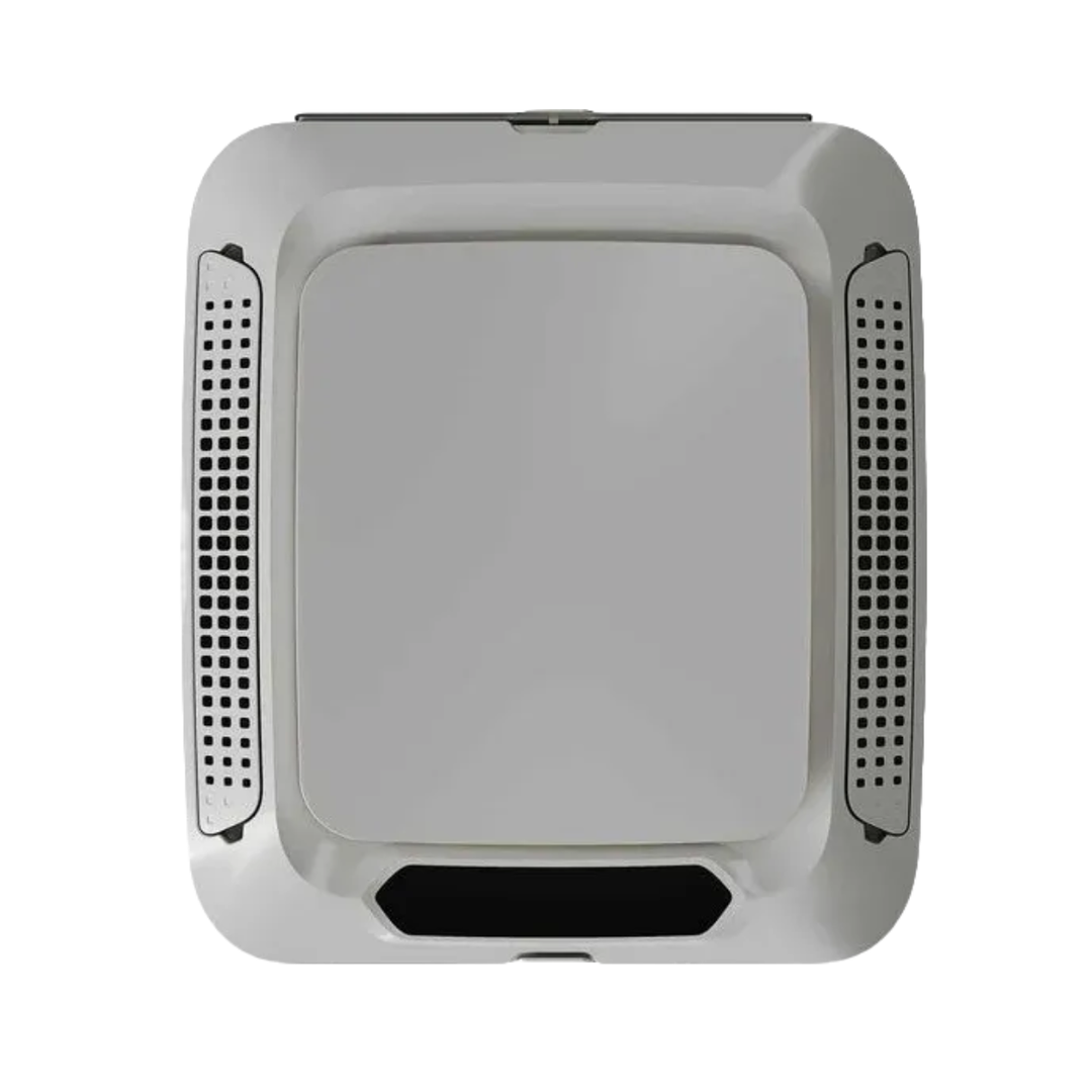 Indel B Elite Plein 12V Air Conditioner ceiling unit with modern white panel and side ventilation grilles on a white background.