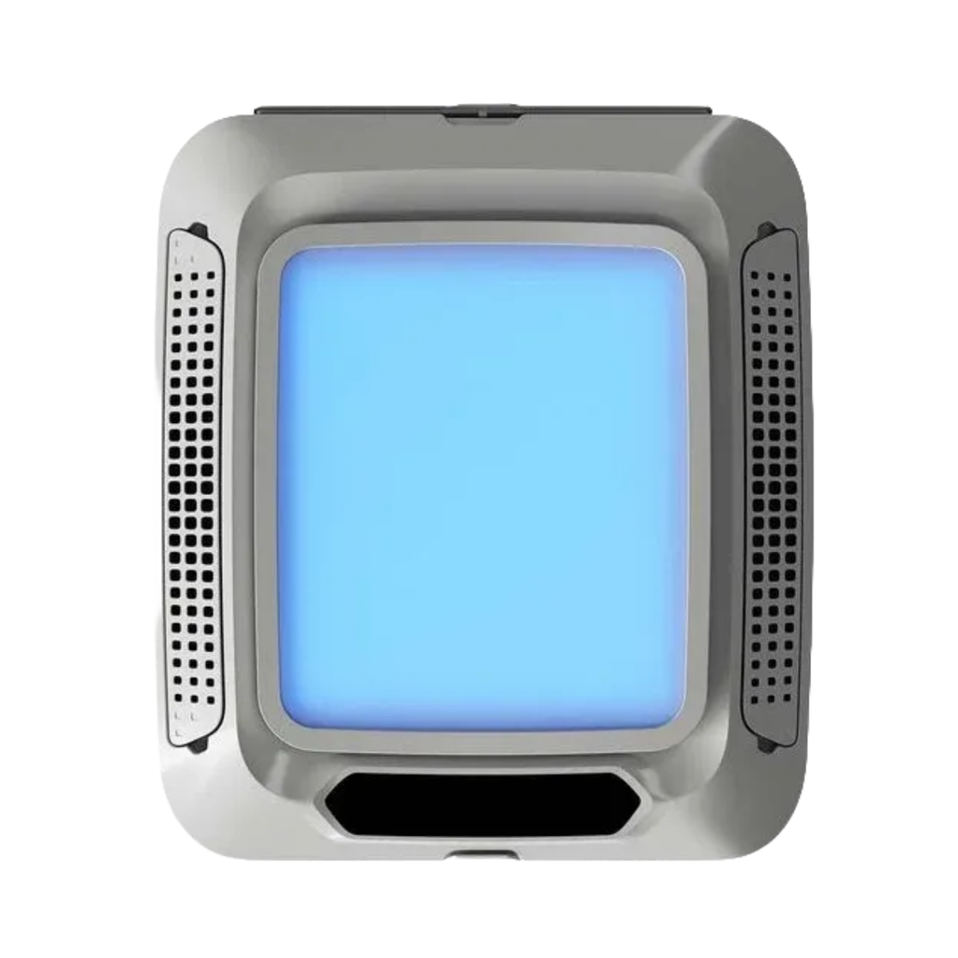 Indel B Elite Plein 12V Air Conditioner with illuminated blue LED centre panel on a white background.