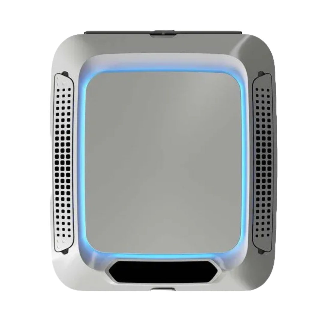 Indel B Elite Plein 12V Air Conditioner ceiling panel with blue ambient LED border lighting on a white background.