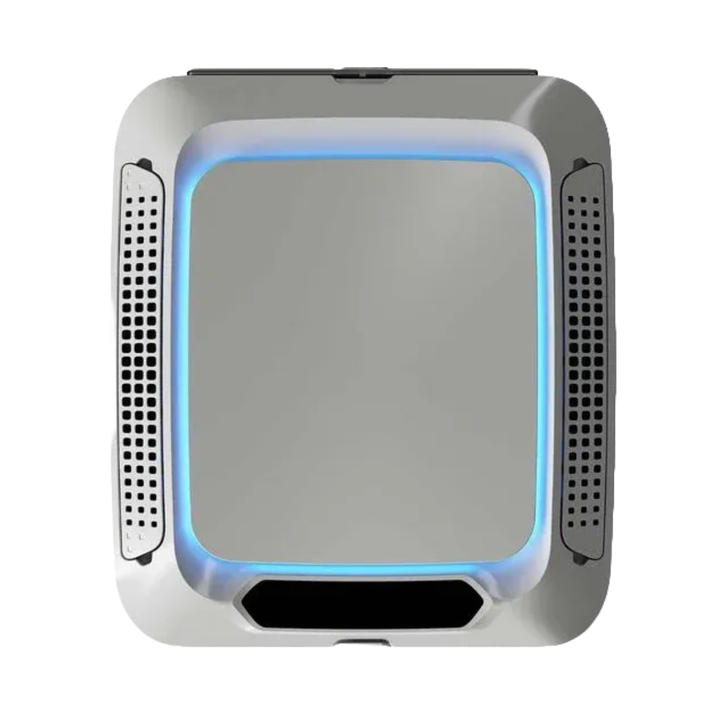 Indel B Elite Plein 12V Air Conditioner ceiling panel with blue ambient LED border lighting on a white background.