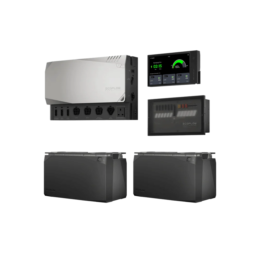 EcoFlow Independence Kit 10kWh home power system components including batteries, inverter, and control panels on a transparent background.