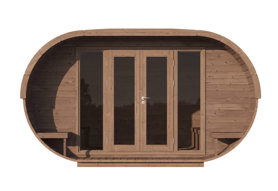 Front view of InMedias Camping Oval 400 featuring double glass doors and small benches, on a white background.