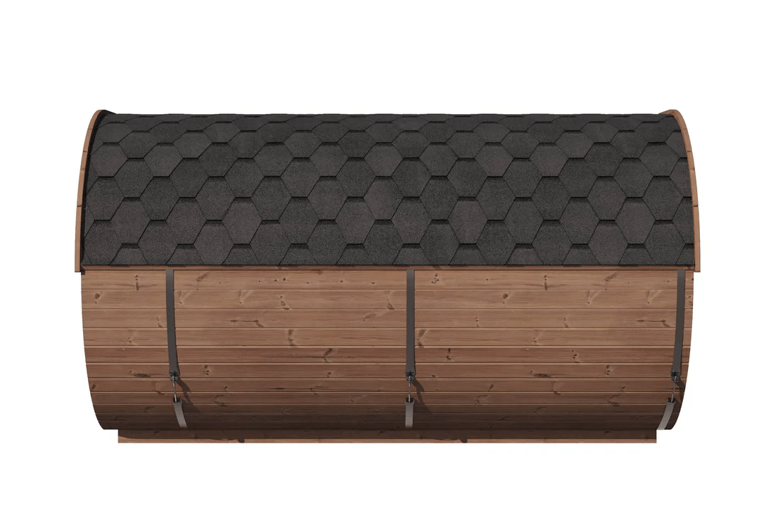 Opposite side view of InMedias Camping Oval 400 with metal bands and wood grain detail, on a white background.