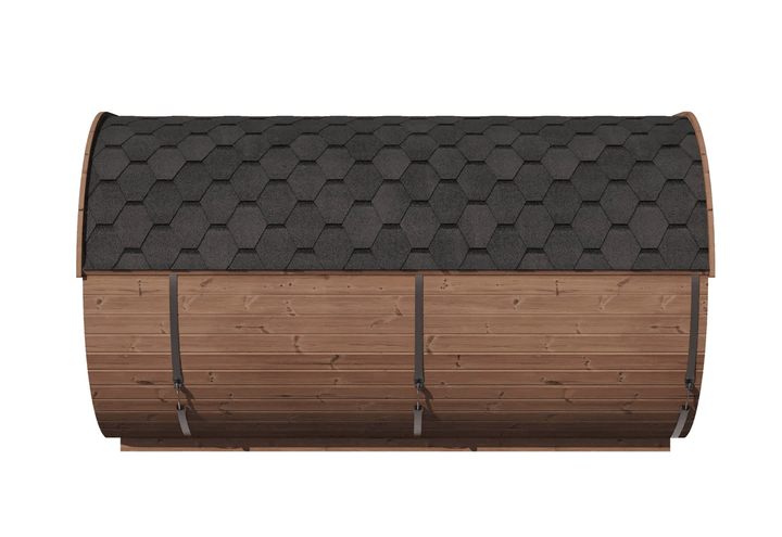 Opposite side view of InMedias Camping Oval 400 with metal bands and wood grain detail, on a white background.