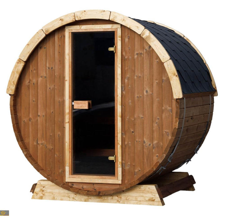 InMedias Terrace Sauna side view on a white background, showing dark wood panels, visible metal bands, and hexagonal roof tiles.