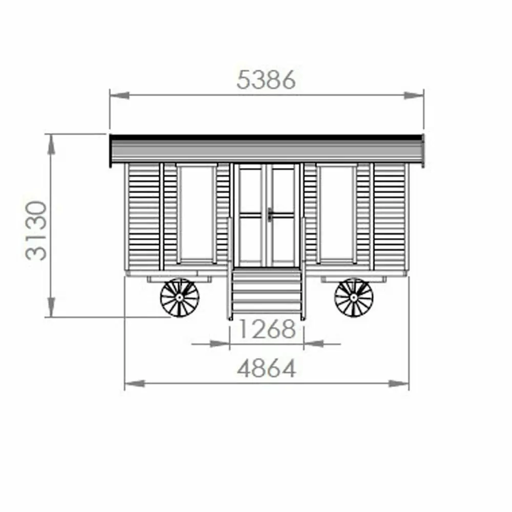 Front dimension diagram of the InMedias Wagon Log Sauna.