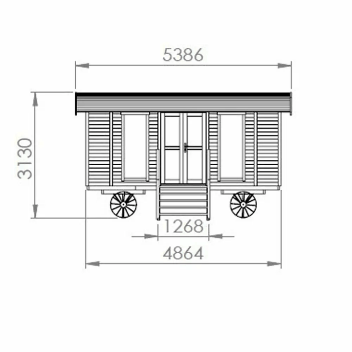 Front dimension diagram of the InMedias Wagon Log Sauna.