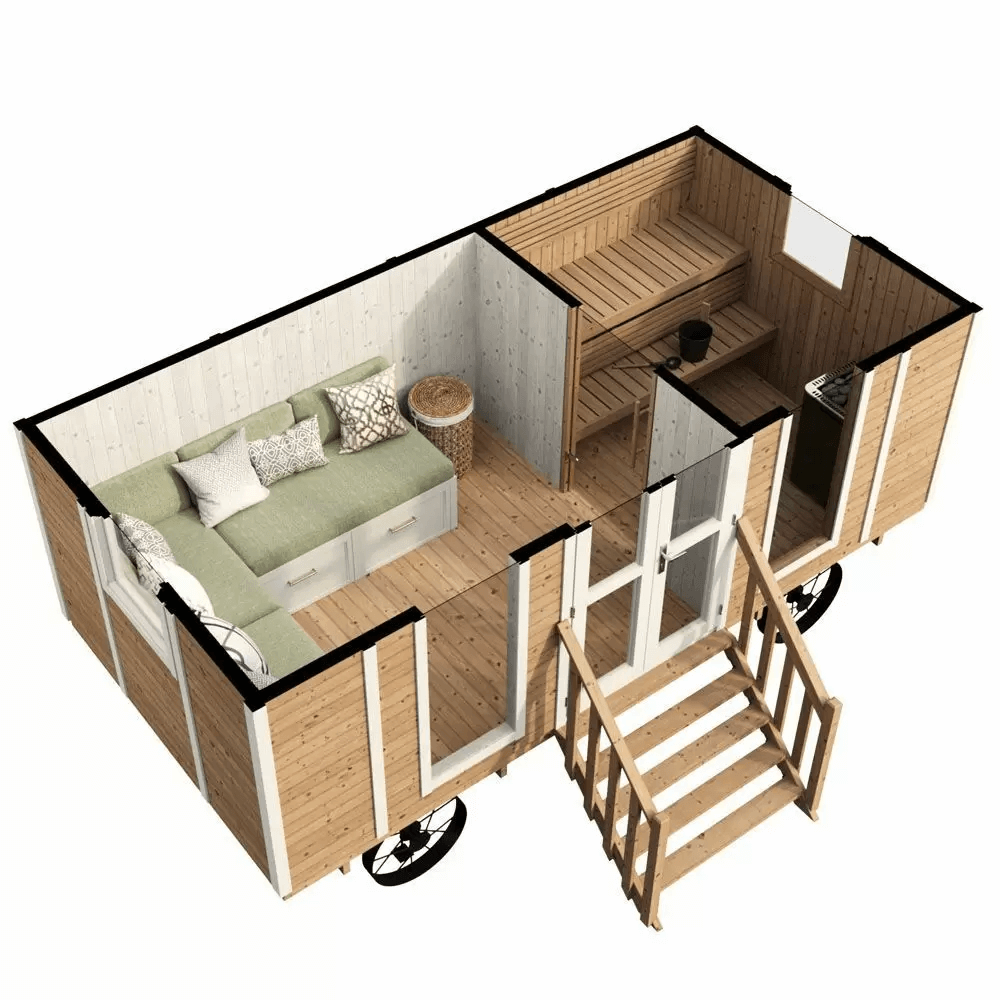 Layout cutaway of the InMedias Wagon Log Sauna showing sauna and lounge areas.