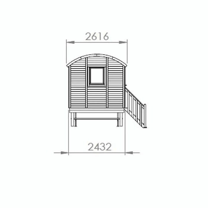 Side dimension diagram of the InMedias Wagon Log Sauna.