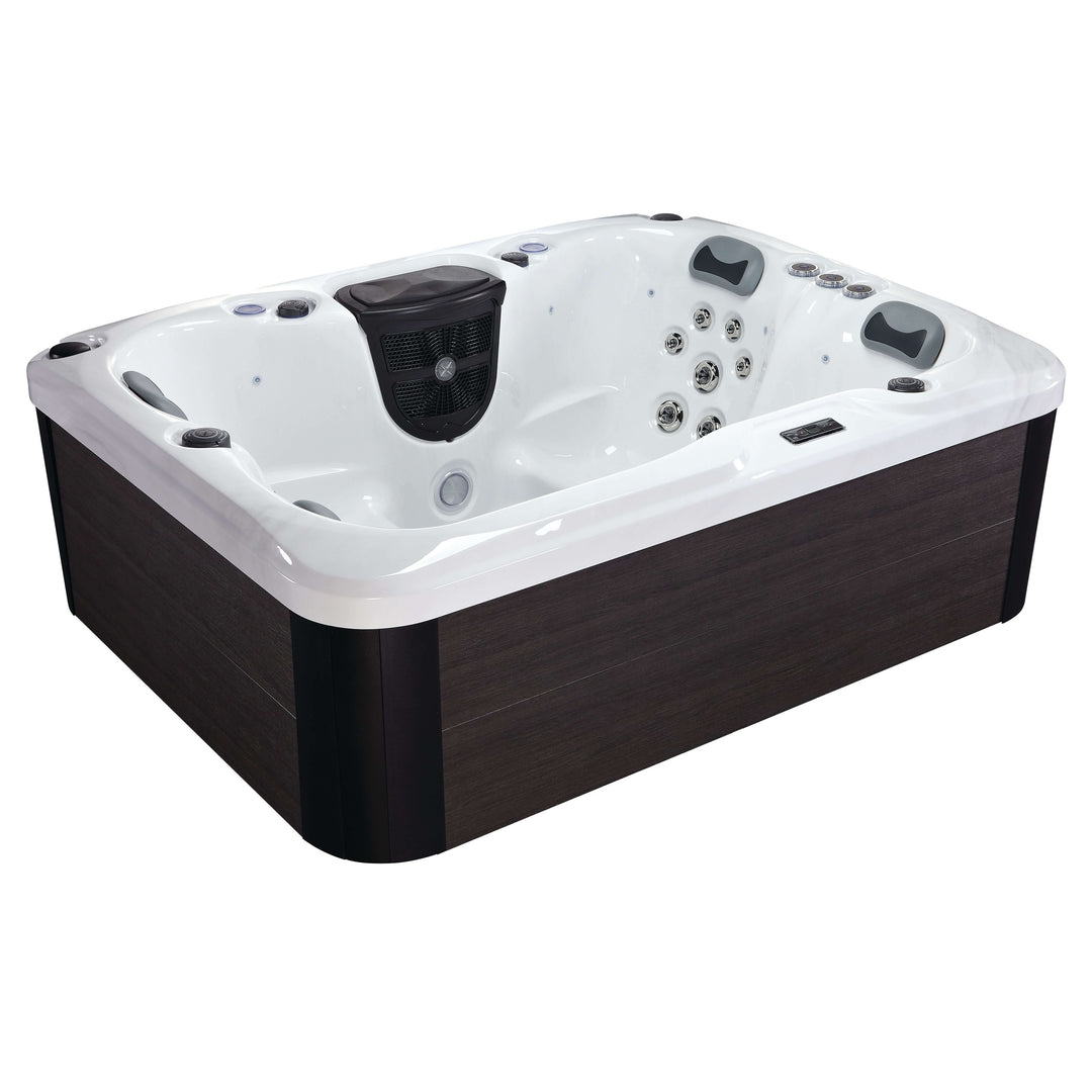 Angle view of Luso Spas The Eden Hot Tub in white acrylic with ergonomic seats and stainless steel jets on a white background.
