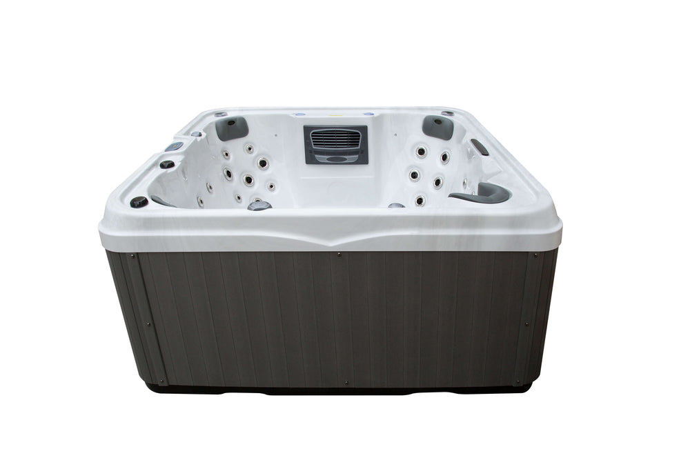 Side view of Luso Spas The Venice Hot Tub in white acrylic with grey wood-effect panels and multiple stainless steel massage jets, on a white background.