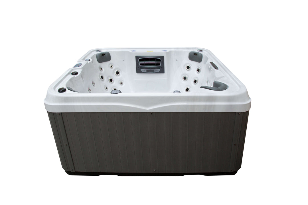 Side view of Luso Spas The Venice Hot Tub in white acrylic with grey wood-effect panels and multiple stainless steel massage jets, on a white background.