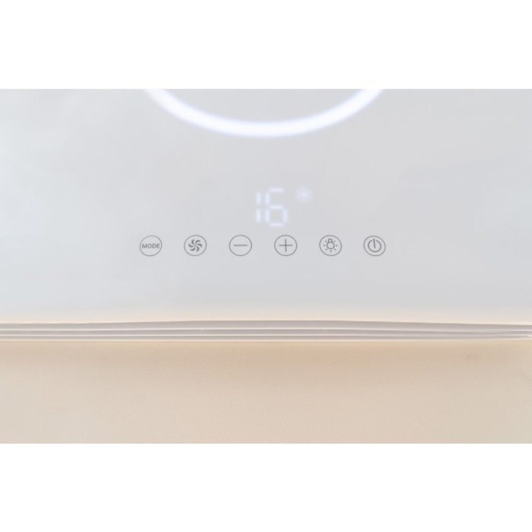 Close-up of Mestic RTA-2600I rooftop air conditioner touch control panel and temperature display on a white background.