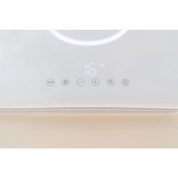 Close-up of Mestic RTA-2600I rooftop air conditioner touch control panel and temperature display on a white background.