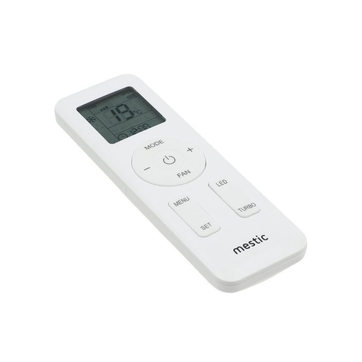 Mestic RTA-2600I rooftop air conditioner remote control with digital display and touch buttons on a white background.