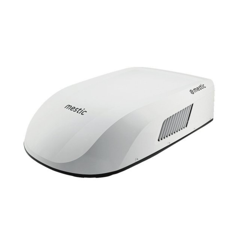 Mestic RTA-2600I rooftop air conditioner exterior unit in sleek white finish on a white background.