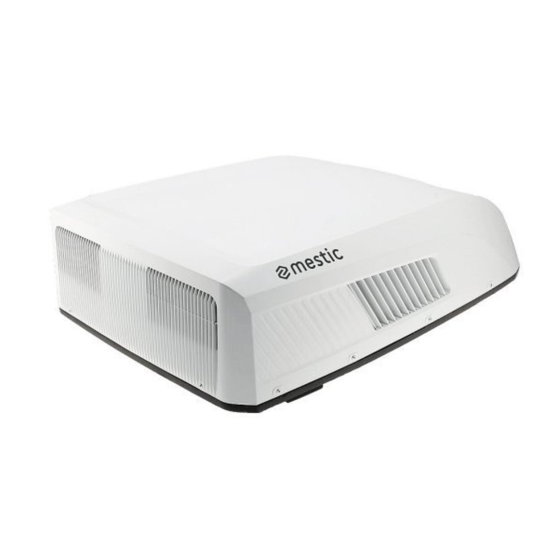 Angled view of Mestic RTA-2600I rooftop air conditioner exterior unit with ventilation design on a white background.