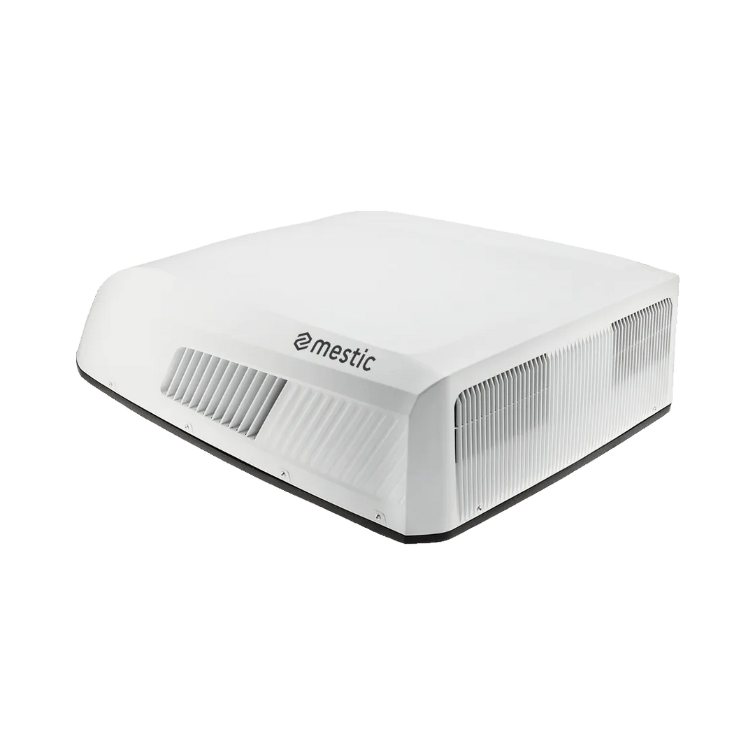Mestic RTA-2600 rooftop air conditioner angled side view on a transparent background.