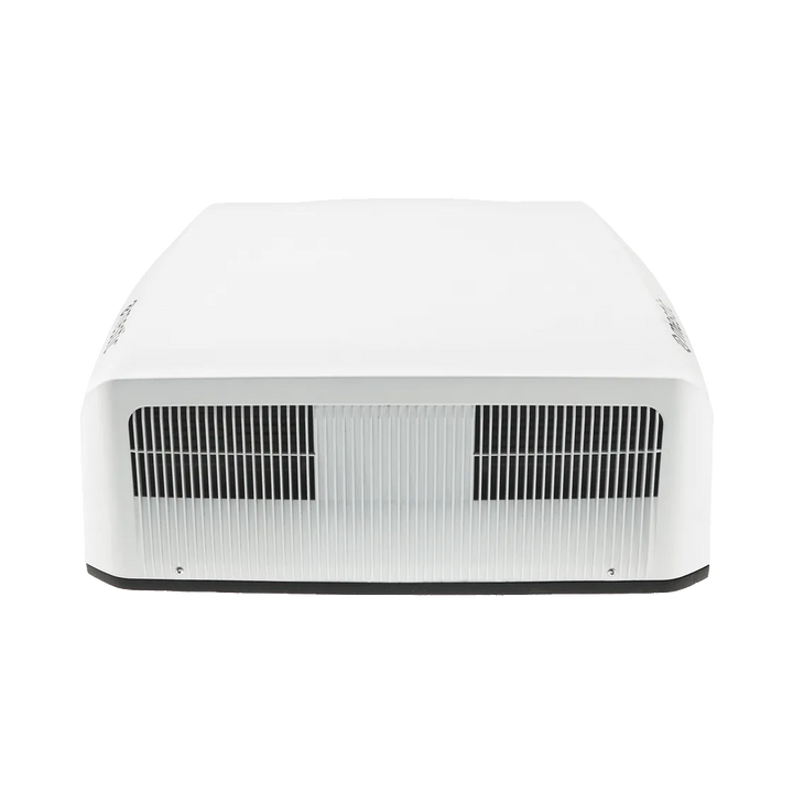 White rooftop air conditioner front grille view on a transparent background.