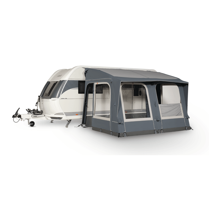 Dorema Navigator Air 260  attached to a white touring caravan, featuring a dark grey inflatable-style canopy, large clear windows, and a side entrance on a white background.