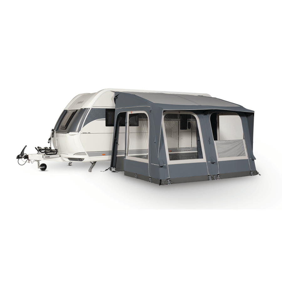 Dorema Navigator Air 260  attached to a white touring caravan, featuring a dark grey inflatable-style canopy, large clear windows, and a side entrance on a white background.