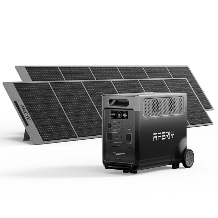 Side view of the Aferiy P310 3600W Solar Generator Kit with twin solar panels behind, displayed on a white background.