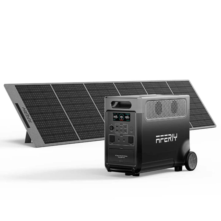 Compact layout of Aferiy P310 3600W Solar Generator Kit, with a single foldable solar panel behind the portable generator, on a white background.