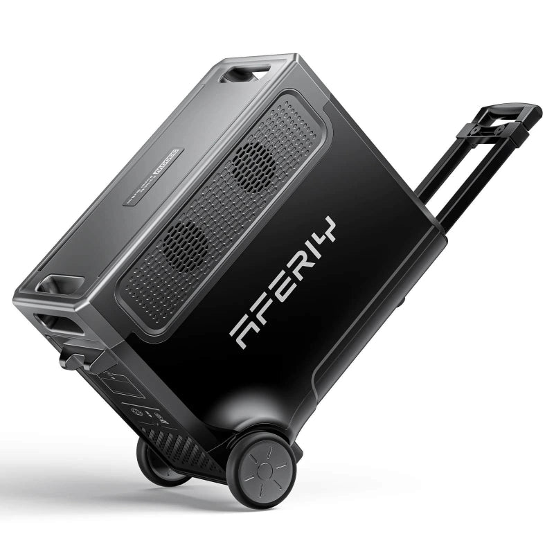 Angled view of the Aferiy P310 solar generator tilted on its integrated luggage-style wheels and handle, on a white background.