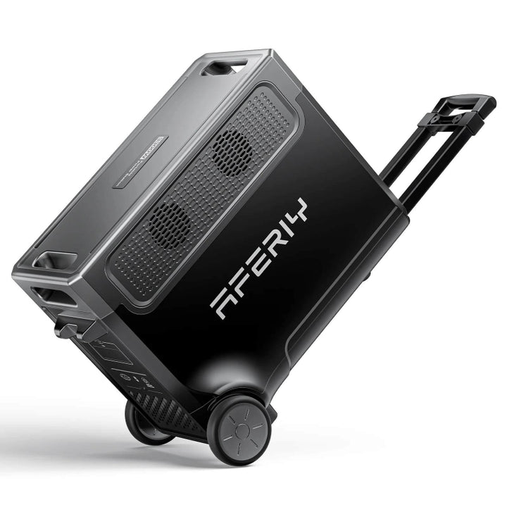 Angled view of the Aferiy P310 solar generator tilted on its integrated luggage-style wheels and handle, on a white background.